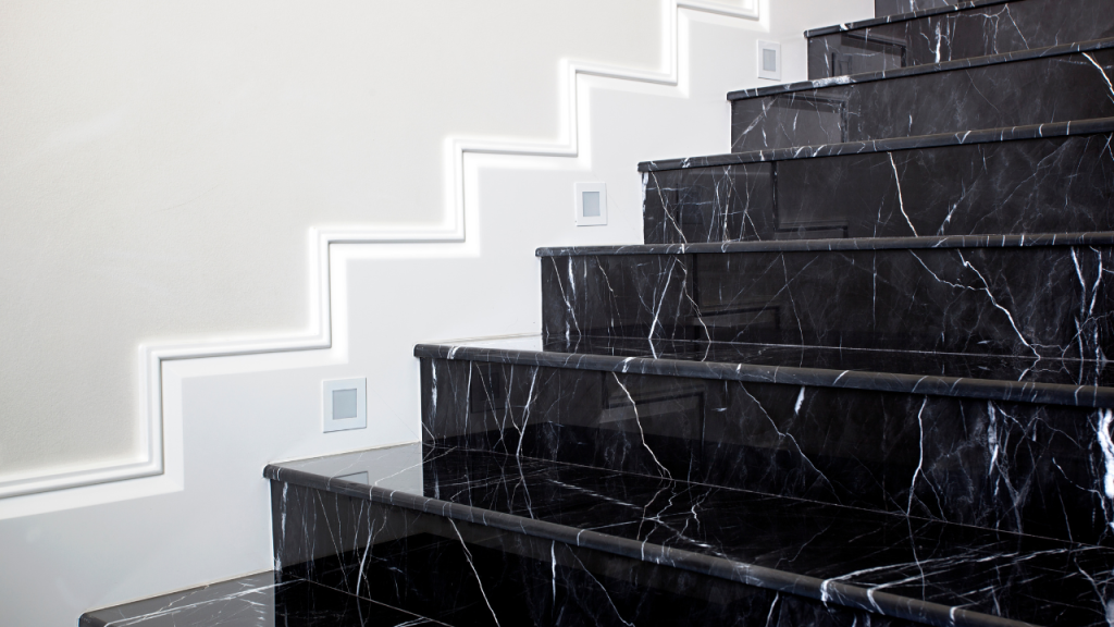 a flight of stairs, made from dark marble